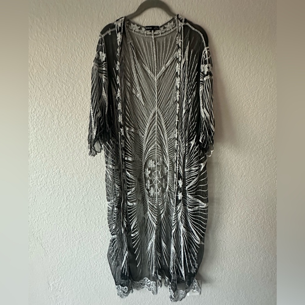 SHEIN Black White Lace Kimono Fringe Sheer Embroidered Festival Cover Up OS